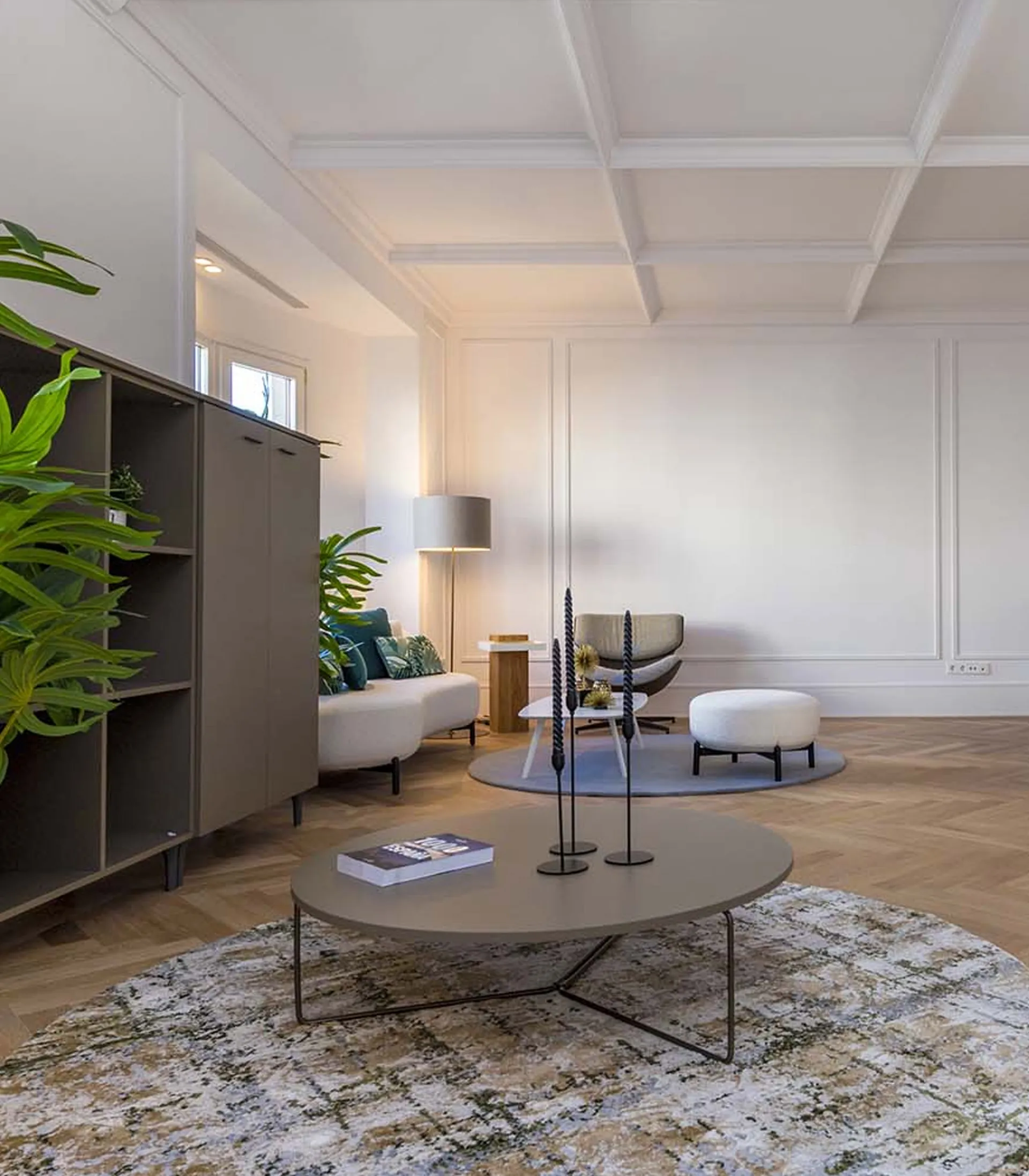 Amuebla Rent project: lounge chair and floor lamp by Quadrifoglio Group; coffee table by Quadrifoglio Group