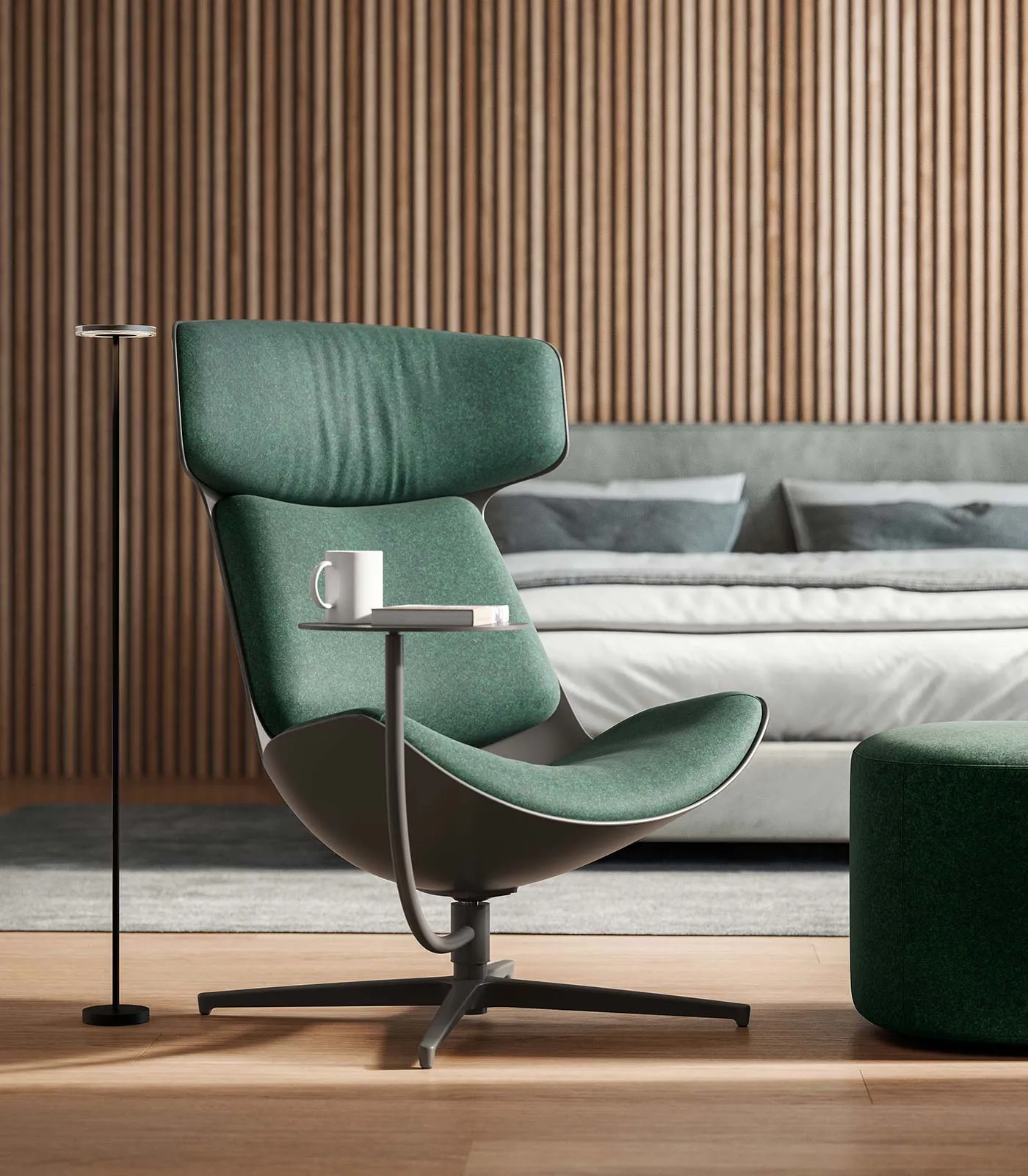 Cleopas swivel armchair with spoke design and CD LED floor lamp in polycarbonate by Quadrifoglio Group