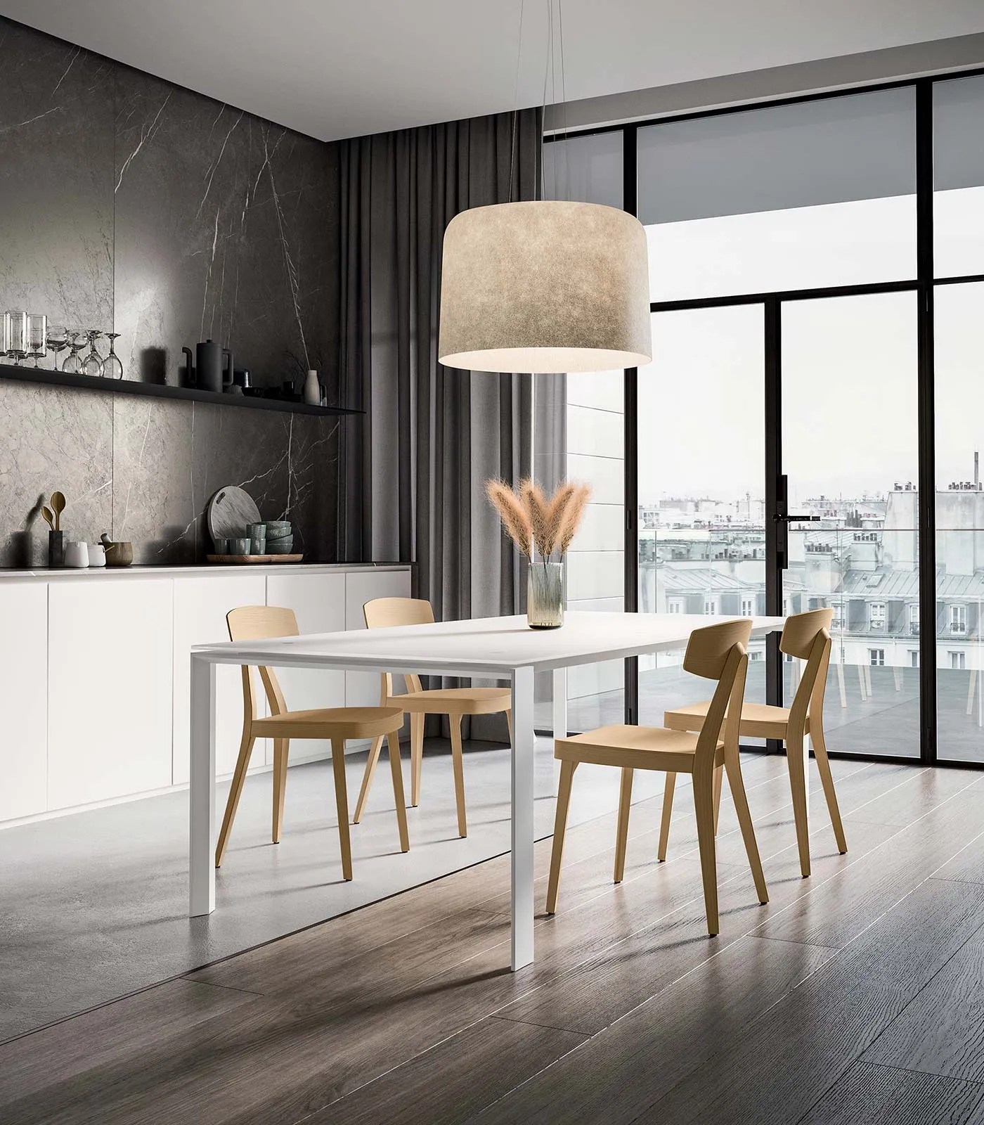 Seven rectangular table and Compasso chair in ash with upholstered seat by Quadrifoglio Group